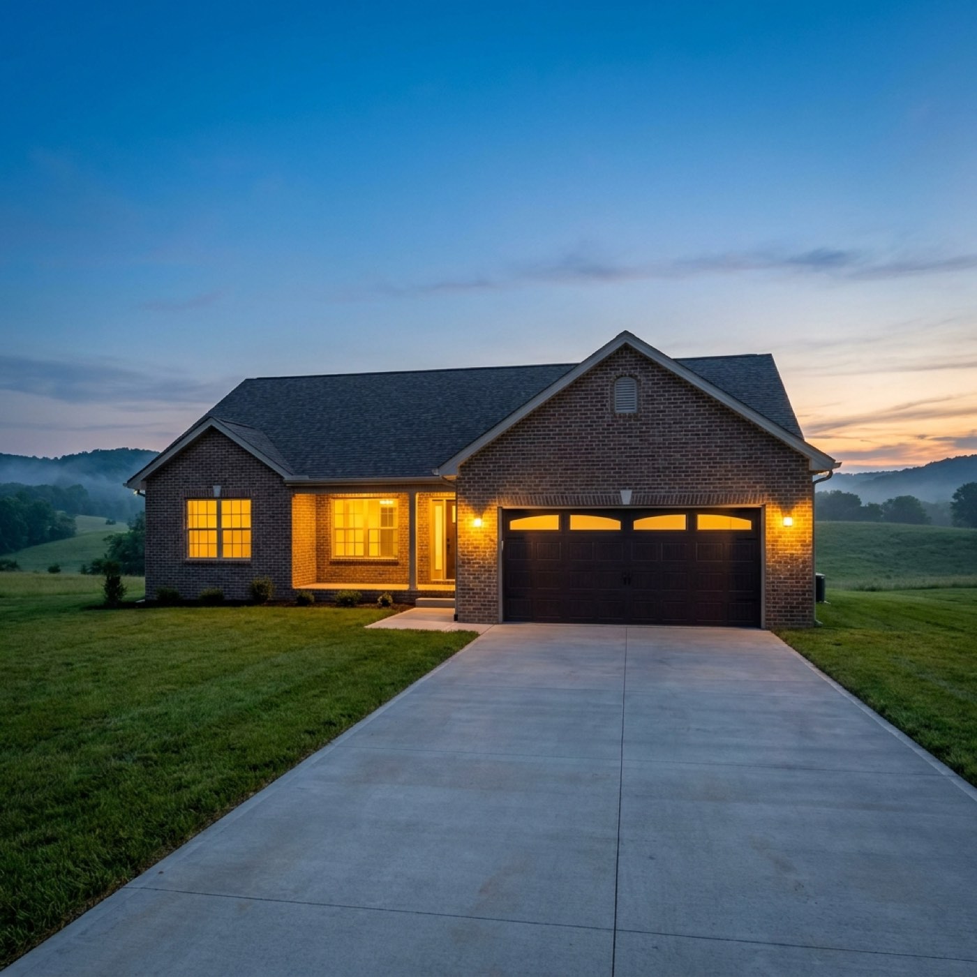 A new all-brick home at The Place at Court Road at twilight
